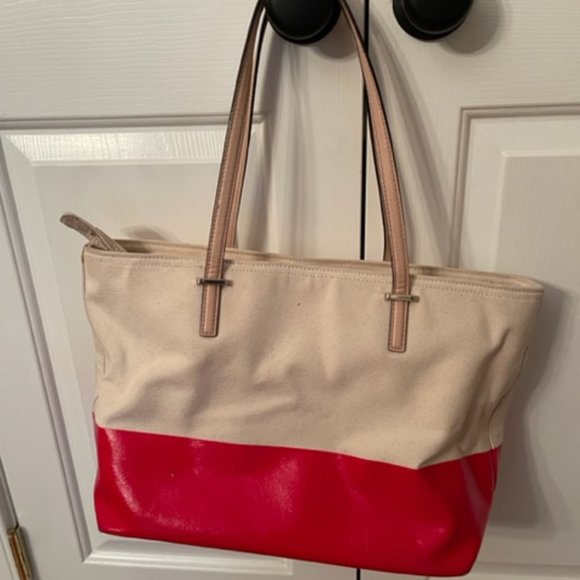 Kate Spade Remmi  Large Zip Tote Bag Canvas Beige Red  $249 - Picture 2 of 7